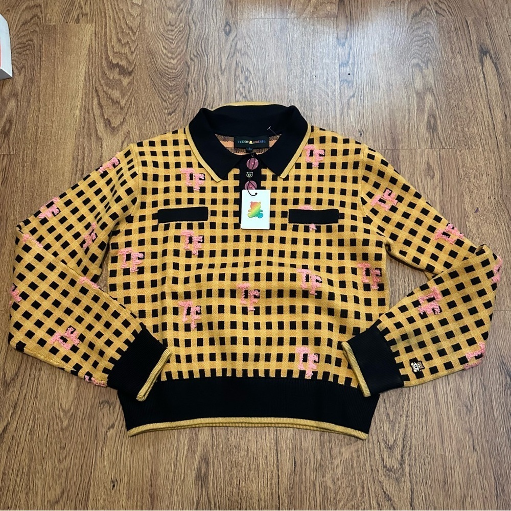 Teddy Fresh yellow Black Checkered knit Sweater size large FLAWS unique collared